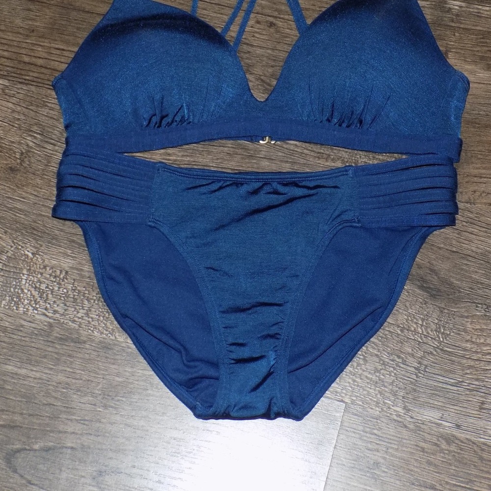 Athleta Bikini Swimsuit Set Womens Small Blue Excellent Strappy Metallic 2PC - Picture 3 of 7